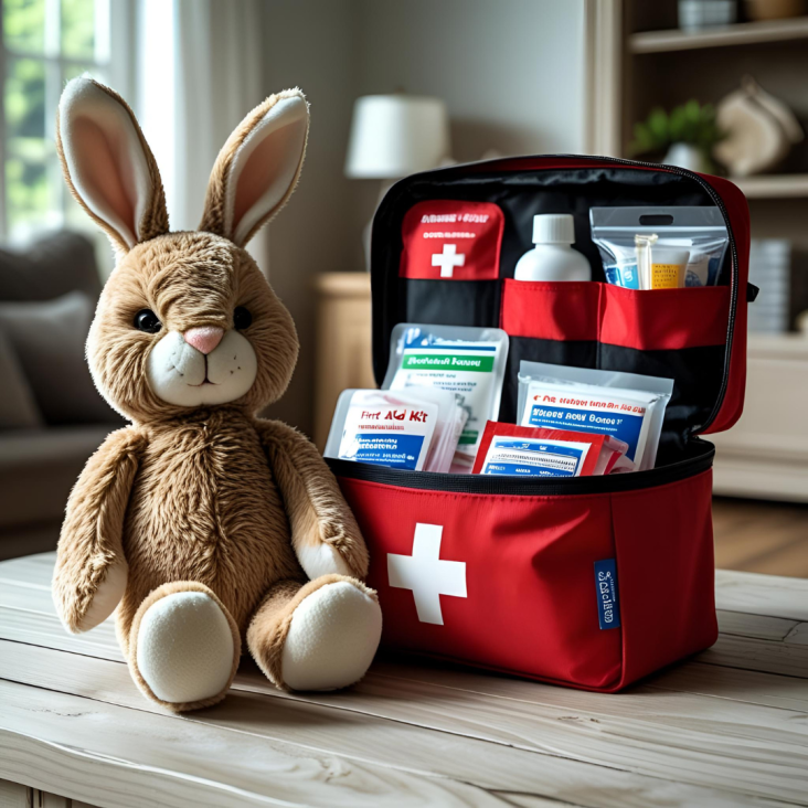 Eine Erste Hilfe Tadsche steht auf einem Tisch und daneben sitzt ein Stofftierhase
